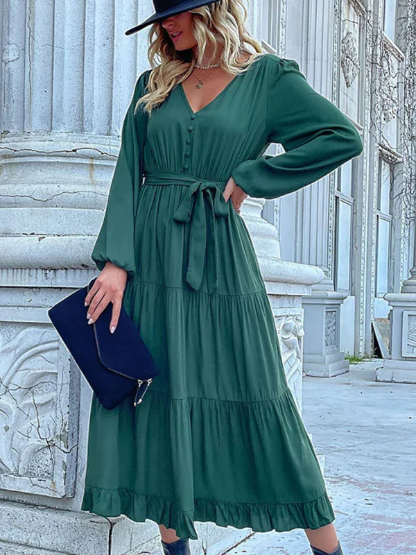 A-line,A-line dress,button-down,button-down dress,casual,casual dress,chiffon,chiffon dress,flowy,ladies Wrinkle resistant,long sleeve,long sleeves dress,midi,midi hem dress,pleated,pleated dress,pleats,Quick drying midi dress,ruffled,solid,solid dress,spring,spring dress,V-neck,V-neck dress-LeStyleParfait