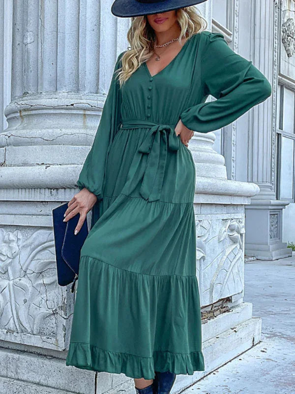A-line,A-line dress,button-down,button-down dress,casual,casual dress,chiffon,chiffon dress,flowy,ladies Wrinkle resistant,long sleeve,long sleeves dress,midi,midi hem dress,pleated,pleated dress,pleats,Quick drying midi dress,ruffled,solid,solid dress,spring,spring dress,V-neck,V-neck dress-LeStyleParfait
