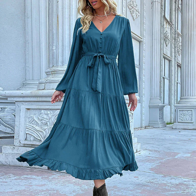 A-line,A-line dress,button-down,button-down dress,casual,casual dress,chiffon,chiffon dress,flowy,ladies Wrinkle resistant,long sleeve,long sleeves dress,midi,midi hem dress,pleated,pleated dress,pleats,Quick drying midi dress,ruffled,solid,solid dress,spring,spring dress,V-neck,V-neck dress-LeStyleParfait