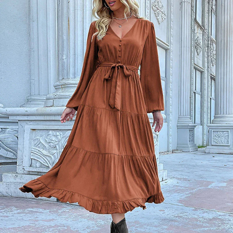 A-line,A-line dress,button-down,button-down dress,casual,casual dress,chiffon,chiffon dress,flowy,ladies Wrinkle resistant,long sleeve,long sleeves dress,midi,midi hem dress,pleated,pleated dress,pleats,Quick drying midi dress,ruffled,solid,solid dress,spring,spring dress,V-neck,V-neck dress-LeStyleParfait