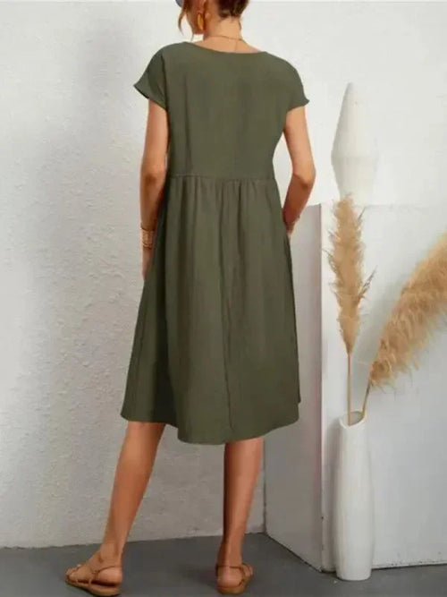 Elegant Black Cotton Linen Knee Dress
