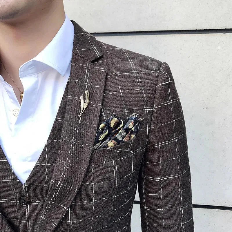 Elegant Brown Plaid Three Piece Suit - Plaid Suit - LeStyleParfait