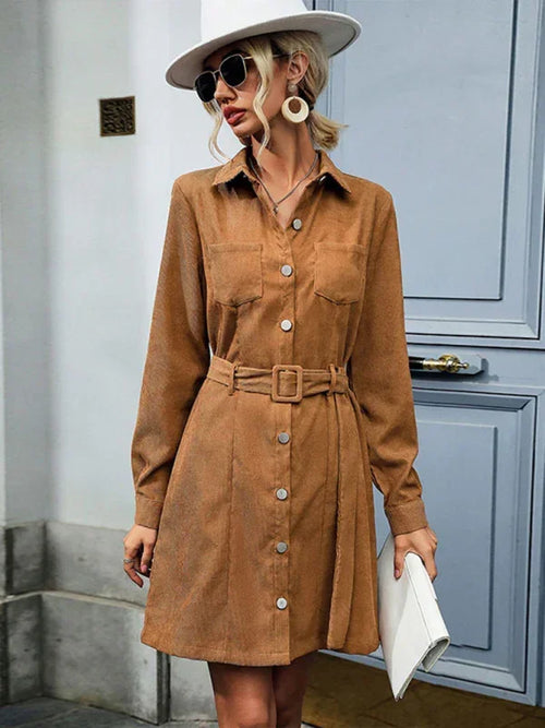 Elegant Brown Suede Button Mini Dress