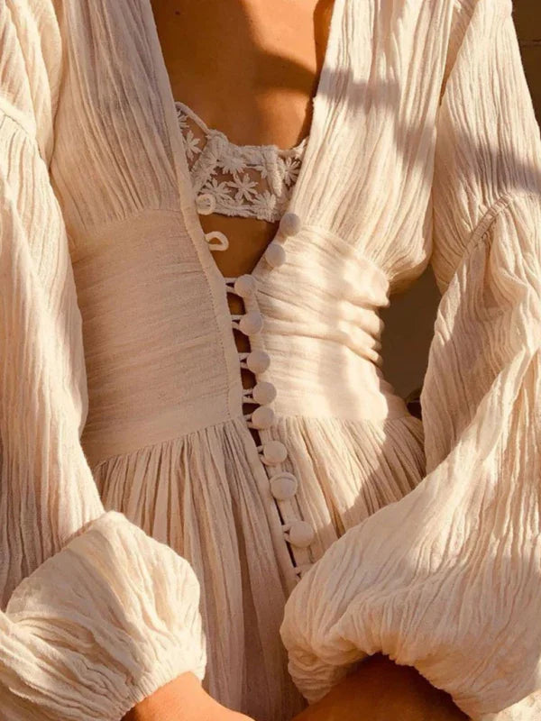 A-line,A-line dress,button-down,button-down dress,chiffon,chiffon dress,flowy,ladies Wrinkle resistant,long sleeve,long sleeve dress,maxi,maxi dress,Quick drying maxi dress,relaxed dress,slit,slit hem dress,solid,solid dress,spring dress,summer,tunic dress,V-neck,V-neck dress,vacation,vacation dress-LeStyleParfait