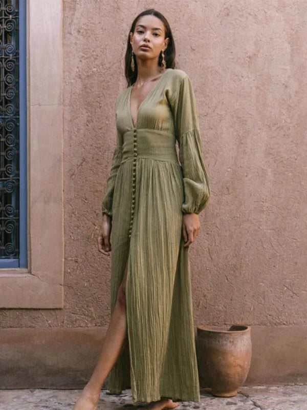 A-line,A-line dress,button-down,button-down dress,chiffon,chiffon dress,flowy,ladies Wrinkle resistant,long sleeve,long sleeve dress,maxi,maxi dress,Quick drying maxi dress,relaxed dress,slit,slit hem dress,solid,solid dress,spring dress,summer,tunic dress,V-neck,V-neck dress,vacation,vacation dress-LeStyleParfait