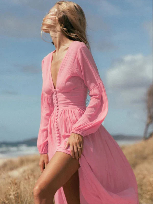 A-line,A-line dress,button-down,button-down dress,chiffon,chiffon dress,flowy,ladies Wrinkle resistant,long sleeve,long sleeve dress,maxi,maxi dress,Quick drying maxi dress,relaxed dress,slit,slit hem dress,solid,solid dress,spring dress,summer,tunic dress,V-neck,V-neck dress,vacation,vacation dress-LeStyleParfait