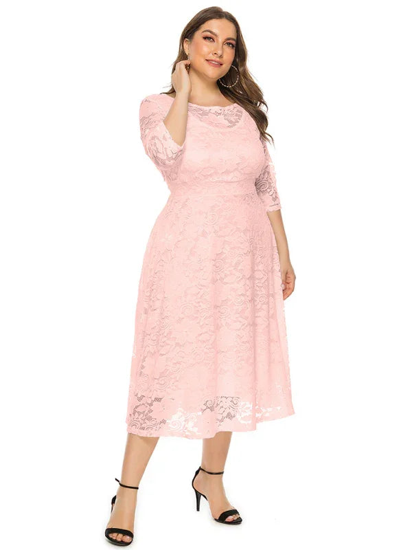 Elegant Lace Round Neck Midi Dress