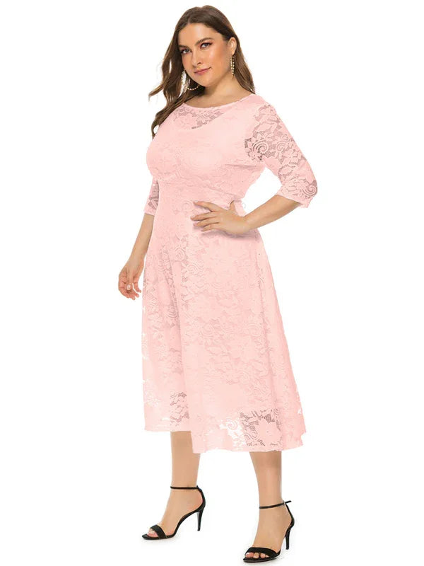 Elegant Lace Round Neck Midi Dress