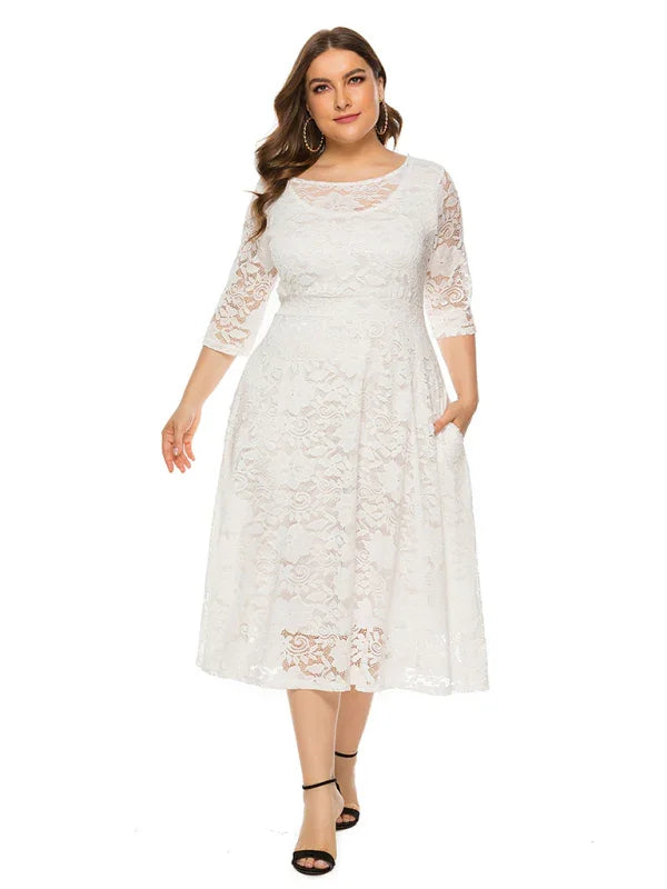 Elegant Lace Round Neck Midi Dress