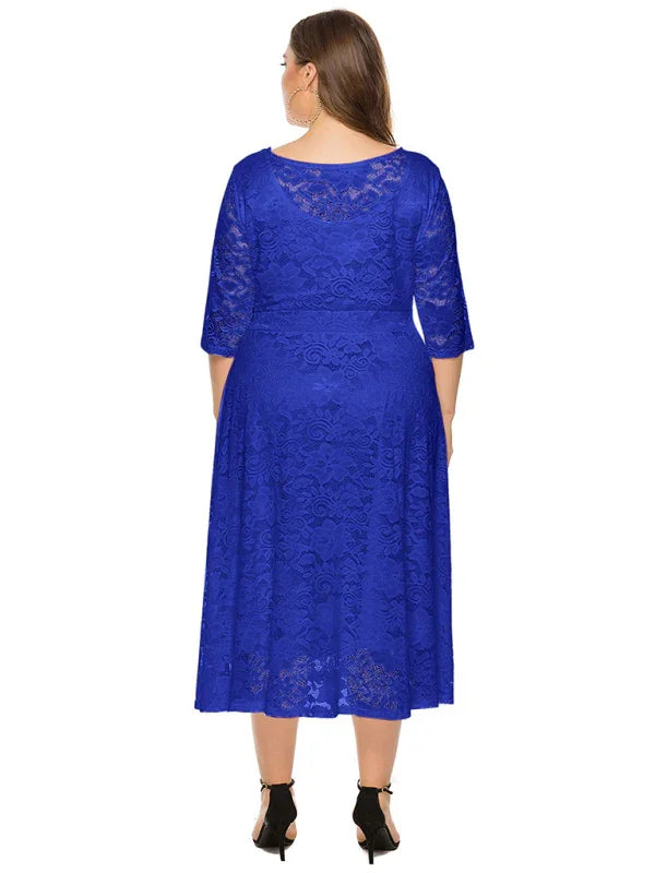 Elegant Lace Round Neck Midi Dress