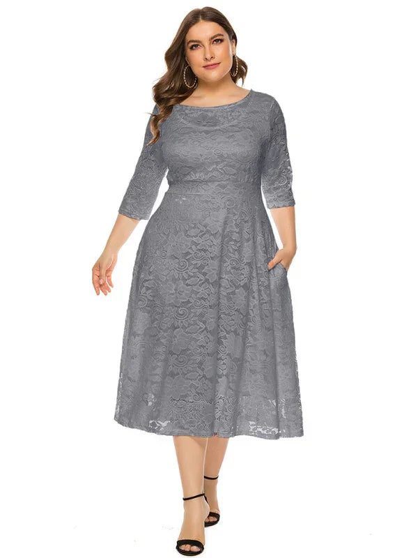 Elegant Lace Round Neck Midi Dress