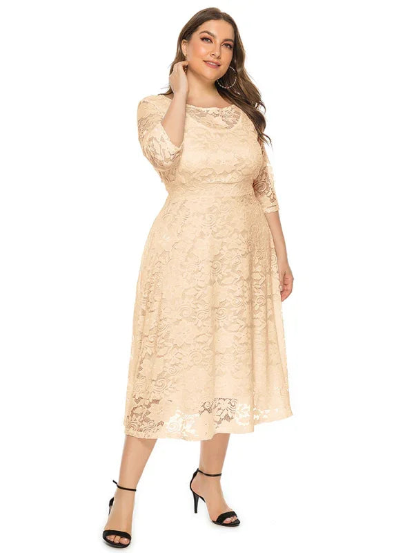 Elegant Lace Round Neck Midi Dress