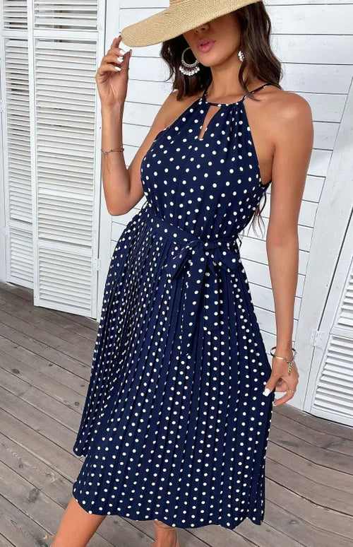 Elegant Polka Dot Halter Midi Dress