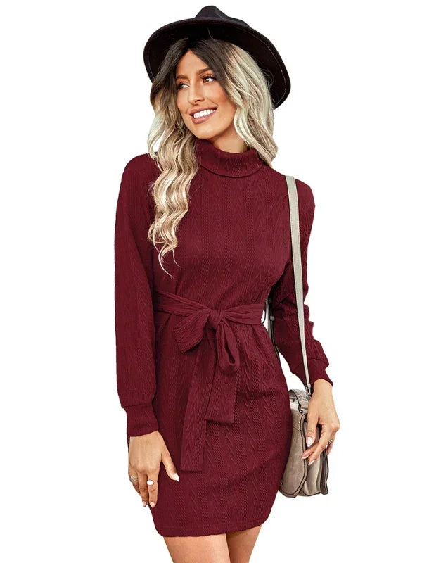 Elegant Red Knit Turtleneck Mini Dress