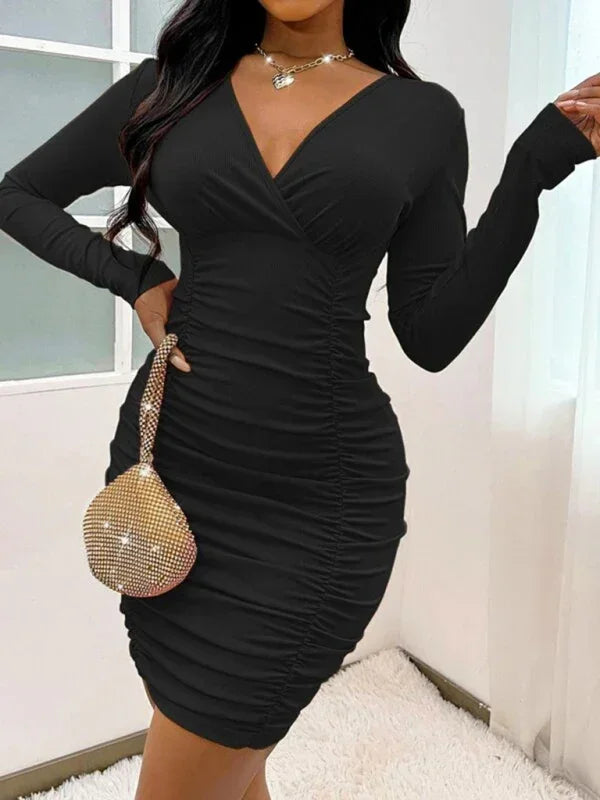 Elegant Red Ruched Bodycon Mini Dress fashion image