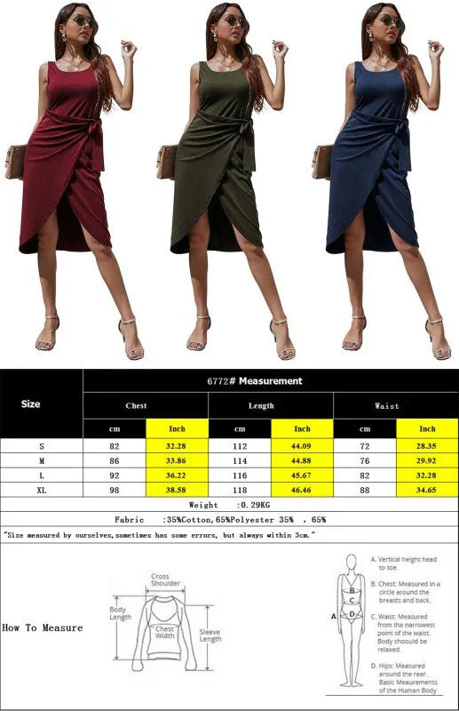 asymmetrical,jersey,ladies Wrinkle resistant,midi,midi hem dress,party,party dress,polyester dress,Quick drying midi dress,regular,regular fit dress,round,round neckline dress,sheath,sheath dress,sleeveless,sleeveless dress,slit,solid,solid dress,summer,summer dress,wrap,wrap dress,wrap tie,wrap tie dress-LeStyleParfait