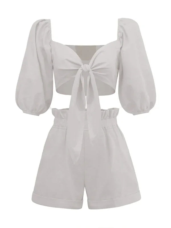 Elegant Women Casual Knot Two-Piece Shorts Set - Casual Shorts Set - LeStyleParfait
