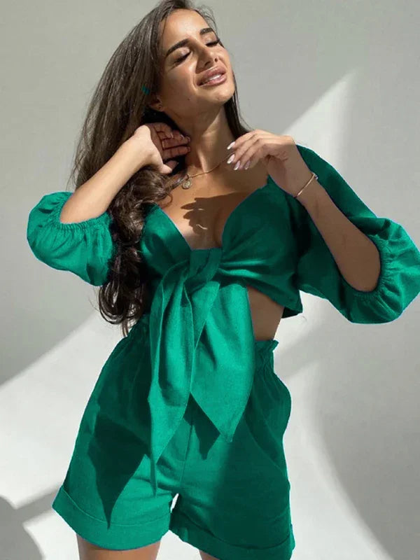Elegant Women Casual Knot Two-Piece Shorts Set - Casual Shorts Set - LeStyleParfait