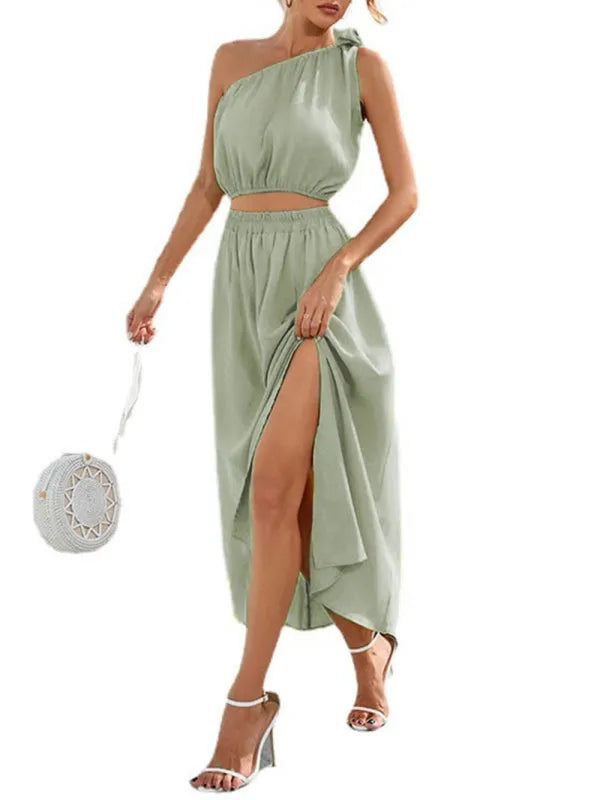 Elegant Women Casual Satin Two-Piece Skirt Set - Casual Skirt Set - LeStyleParfait