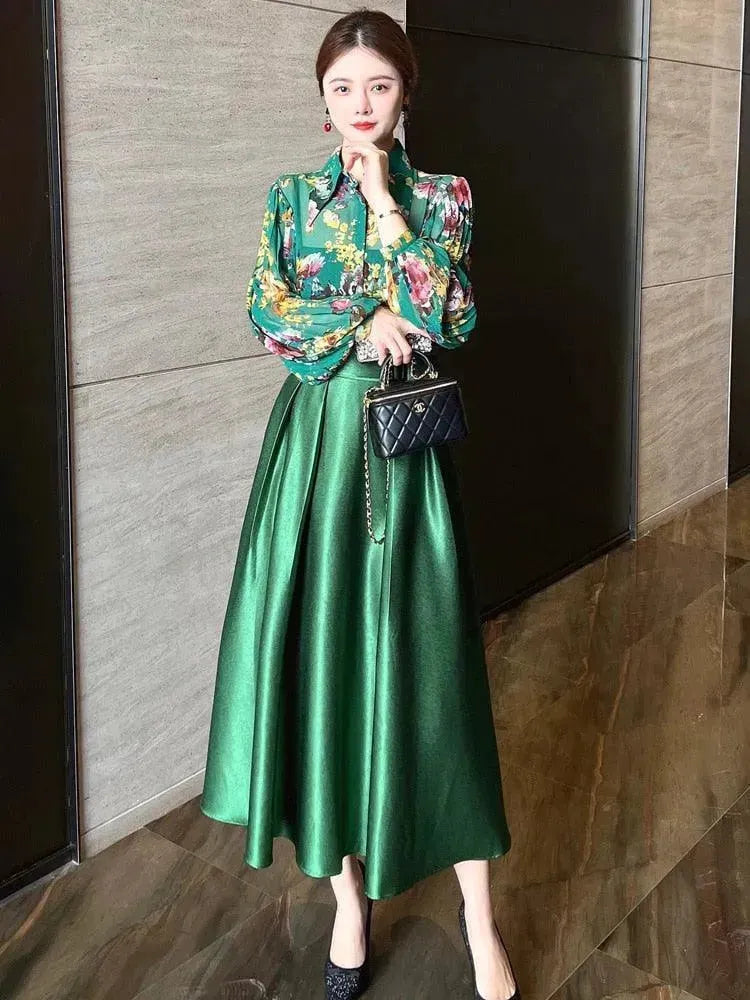 Elegant Women Floral Satin Two-Piece Skirt Set - Floral Skirt Set - LeStyleParfait
