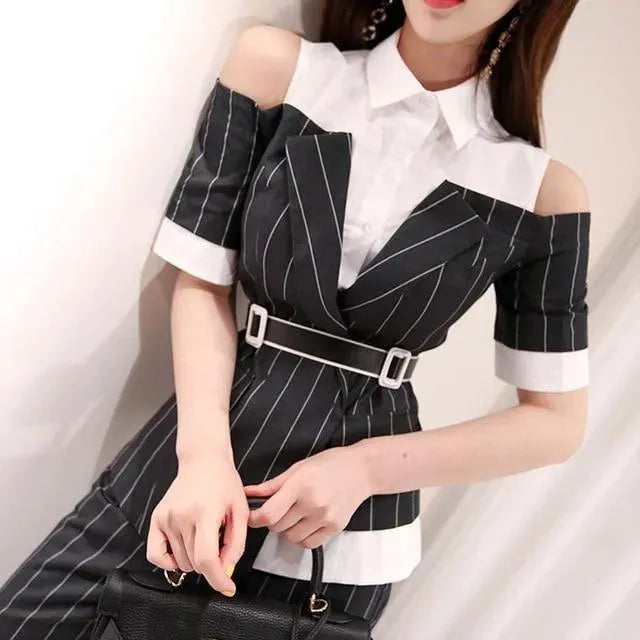 Pinstriped Black-White Pantsuits - Pantsuit - LeStyleParfait fashion image