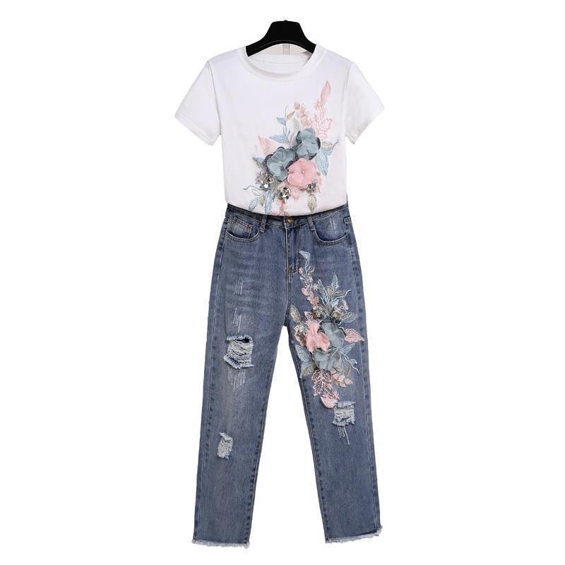 Embroidered Floral Jeans Outfit Set - Clothing Set - LeStyleParfait
