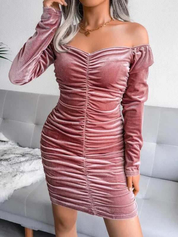 bodycon,bodycon dress,Breathable,fall,fall dress,ladies Ruched design,long sleeve,long sleeve dress,mini,mini hemline dress,party,party dress,Quick drying,ruched,ruched mini dress,sheath,sheath dress,slip-on,Slip-on design mini dress,slip-on dress,solid,solid dress,straight,straight bottom style dress,sweetheart,sweetheart dress,velvet,velvet dress,Wrinkle resistant-LeStyleParfait