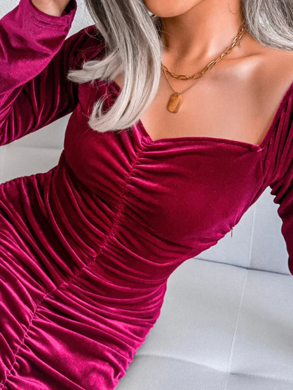bodycon,bodycon dress,Breathable,fall,fall dress,ladies Ruched design,long sleeve,long sleeve dress,mini,mini hemline dress,party,party dress,Quick drying,ruched,ruched mini dress,sheath,sheath dress,slip-on,Slip-on design mini dress,slip-on dress,solid,solid dress,straight,straight bottom style dress,sweetheart,sweetheart dress,velvet,velvet dress,Wrinkle resistant-LeStyleParfait