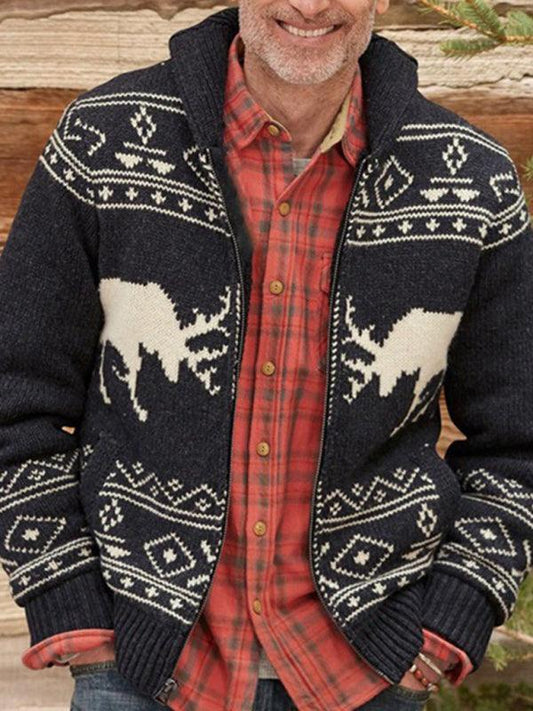 Fawn Jacquard Men Cardigan Sweater - Cardigan Sweater - LeStyleParfait
