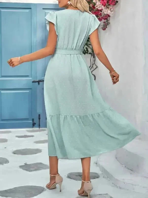 A-line,A-line dress,belt,belt closure,belt closure dress,casual,casual dress,cotton,cotton dress,flowy,ladies Wrinkle resistant,maxi,maxi dress,maxi hem dress,Quick drying maxi dress,short sleeve,short sleeves dress,solid,solid dress,straight,summer,summer dress,true-to-size dress,V-neck,V-neck dress-LeStyleParfait