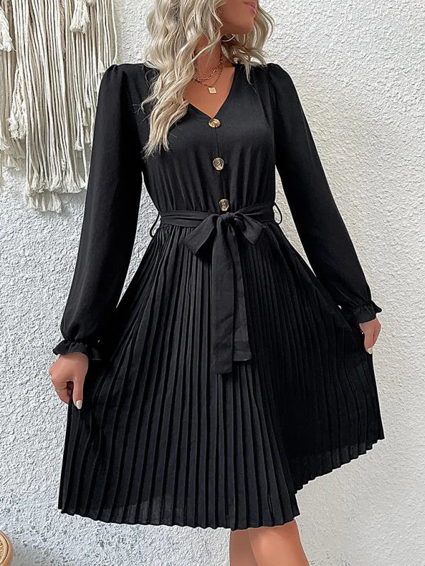 A-line,a-line dress,Button-down,button-down dress,buttons,fall,fall dress,knee-length,knee-length dress,ladies Pleated,long sleeve,long sleeves dress,office,office dress,pleated,pleated dress,polyester,polyester dress,Quick drying knee-length dress,regular,regular dress,solid,solid dress,solid knee dress,straight,V-neck,v-neck dress,work dress,Wrinkle-resistant-LeStyleParfait