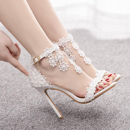 Floral Lace Strap Heels Sandals - Sandals - LeStyleParfait