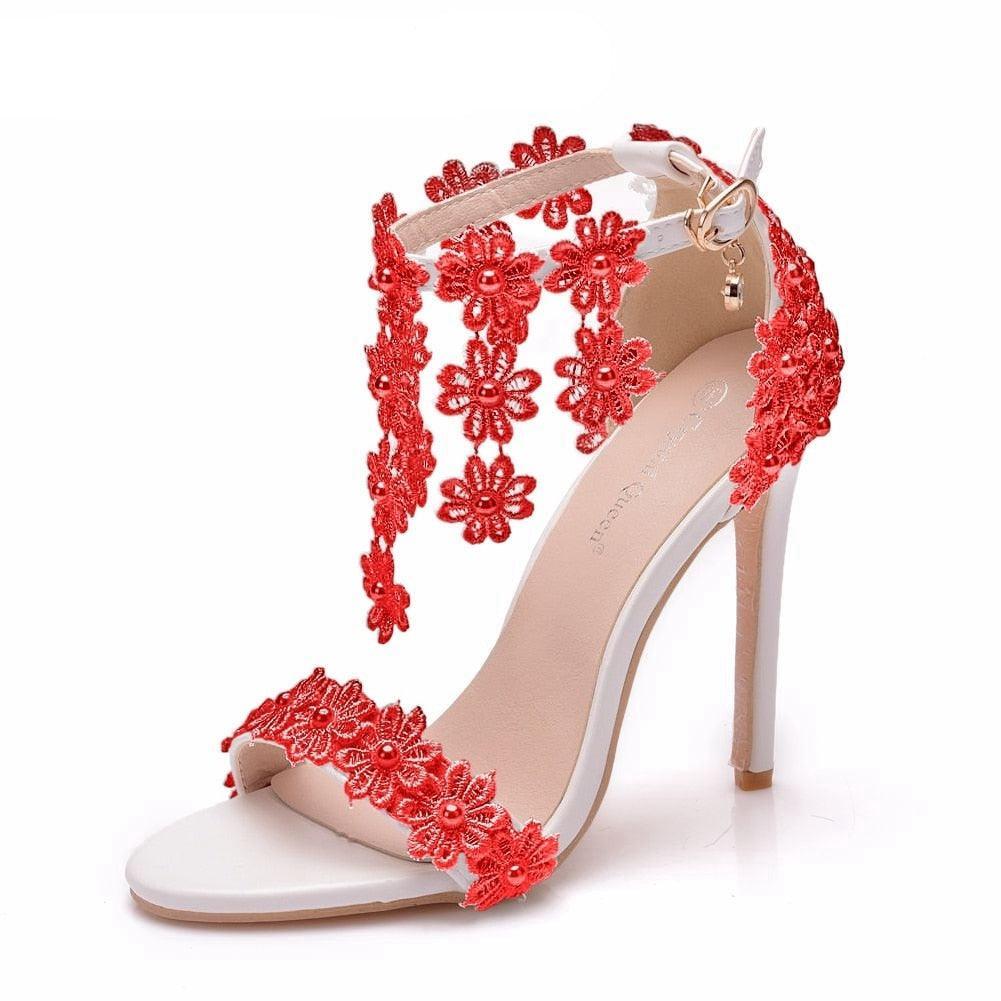 Floral Lace Strap Heels Sandals - Sandals - LeStyleParfait