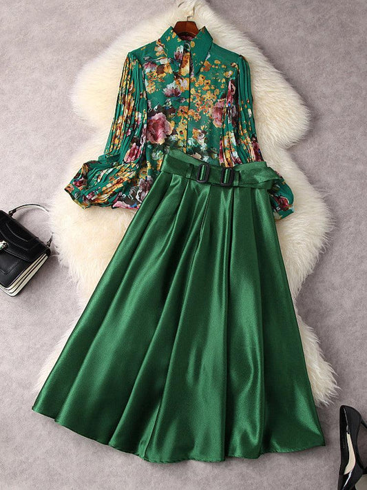 Floral Lantern Sleeve Chiffon Blouse - Plain Skirt - Clothing Set - LeStyleParfait