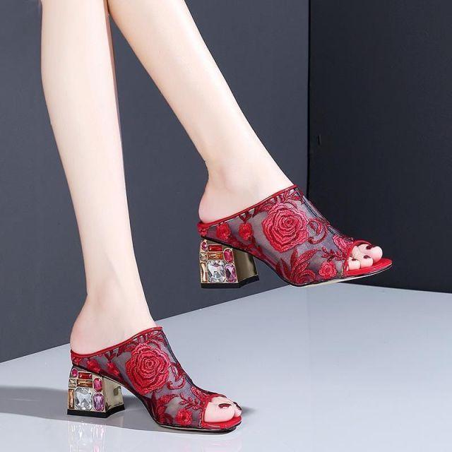 Floral Peep Toe Slip On Shoes - Sandals - LeStyleParfait