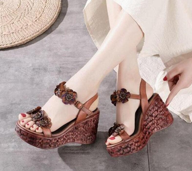 Floral PU Leather Wedge Sandals - Wedge Shoes - LeStyleParfait