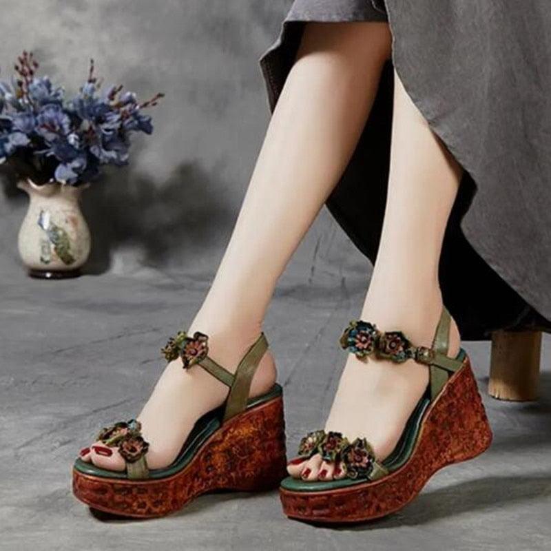 Floral PU Leather Wedge Sandals - Wedge Shoes - LeStyleParfait