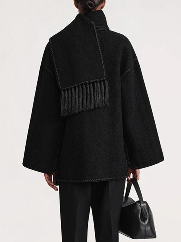 Fringed Scarf Collar Women Woolen Coat - Winter Coat - LeStyleParfait