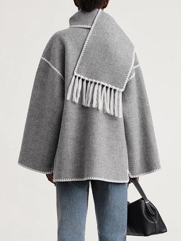 Fringed Scarf Collar Women Woolen Coat - Winter Coat - LeStyleParfait