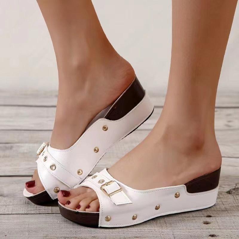 Front Buckle Low Wedge Sandals - Wedge Shoes - LeStyleParfait