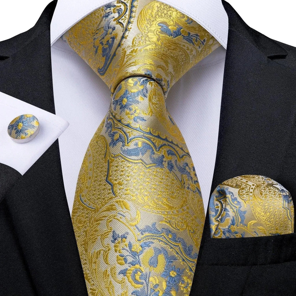 Gold Blue Paisley Necktie Set - Necktie - LeStyleParfait