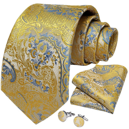 Gold Blue Paisley Necktie Set - Necktie - LeStyleParfait