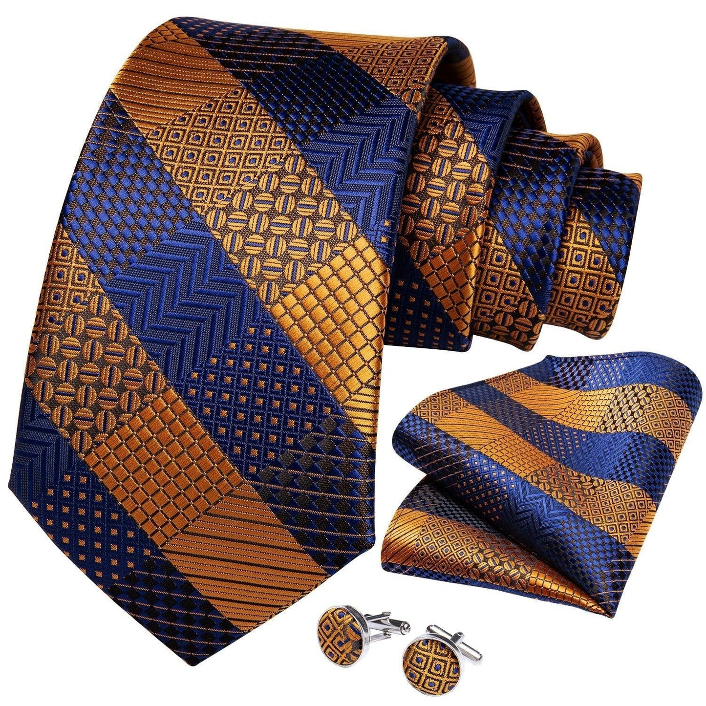 Gold Blue Striped Silk Necktie Set - Necktie - LeStyleParfait