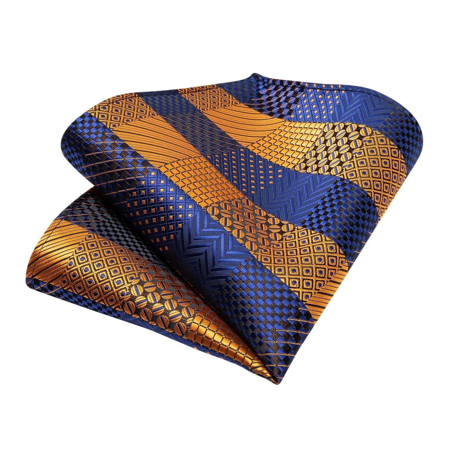 Gold Blue Striped Silk Necktie Set - Necktie - LeStyleParfait