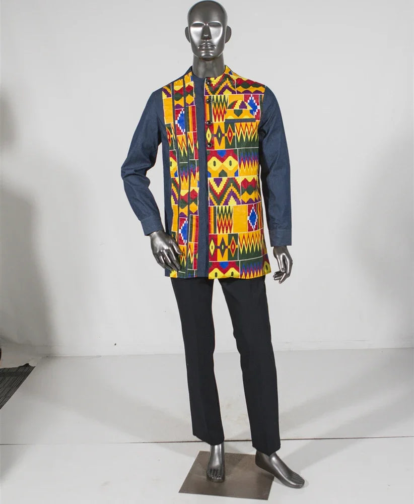 Green Cotton Dashiki Patchwork Shirt-Men Shirts-LeStyleParfait