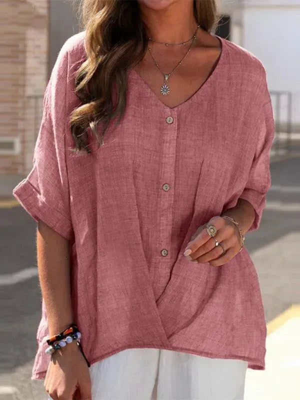 Half Sleeve Loose V Neck Casual Women Top - Women Tops - LeStyleParfait