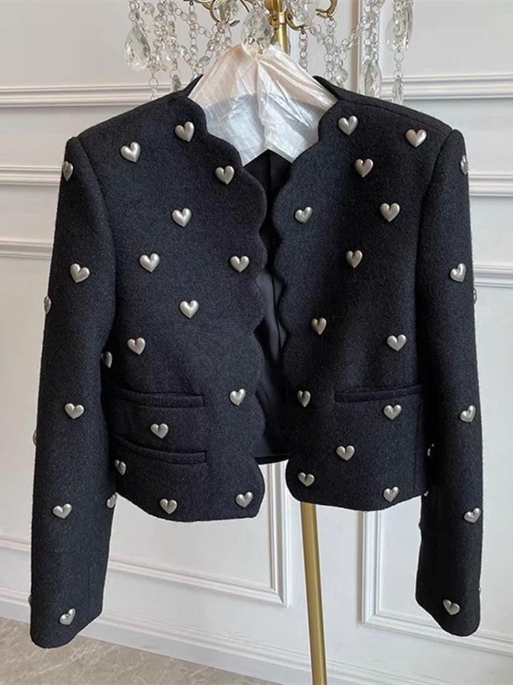 Hearts Pattern Black Wool Tweed Jacket Women - Tweed Blazer - LeStyleParfait