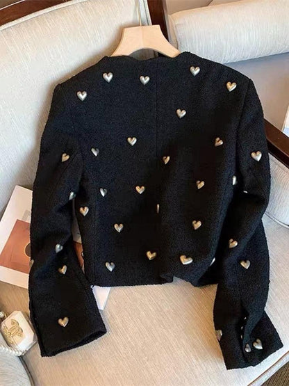 Hearts Pattern Black Wool Tweed Jacket Women - Tweed Blazer - LeStyleParfait