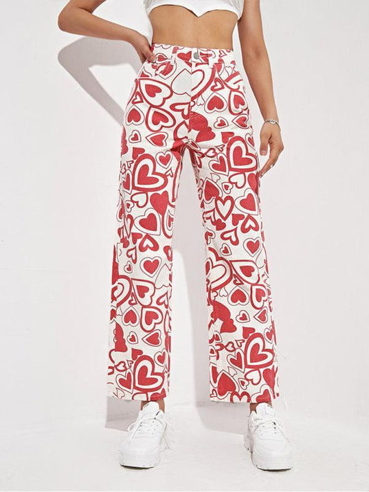 Hearts Print Loose Denim Trousers - Women Jeans - LeStyleParfait