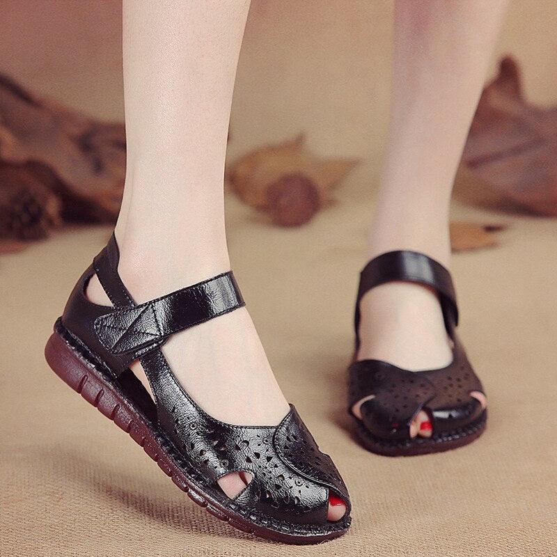 Holed Leather Women Flat Sandals - Sandals - LeStyleParfait